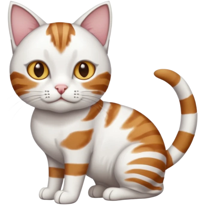 a white cat with brown tabby patches on the top of his head (ears) a patch on its side/arm and a striped tail the rest of the body is bright white emoji