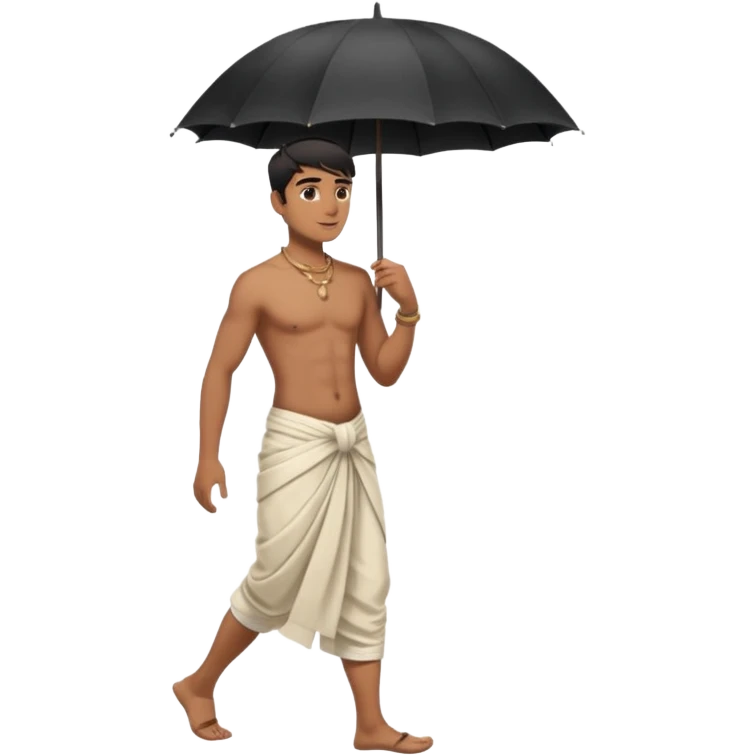 indian man in dhoti (shirtless) holding umbrella and walking - side profile emoji