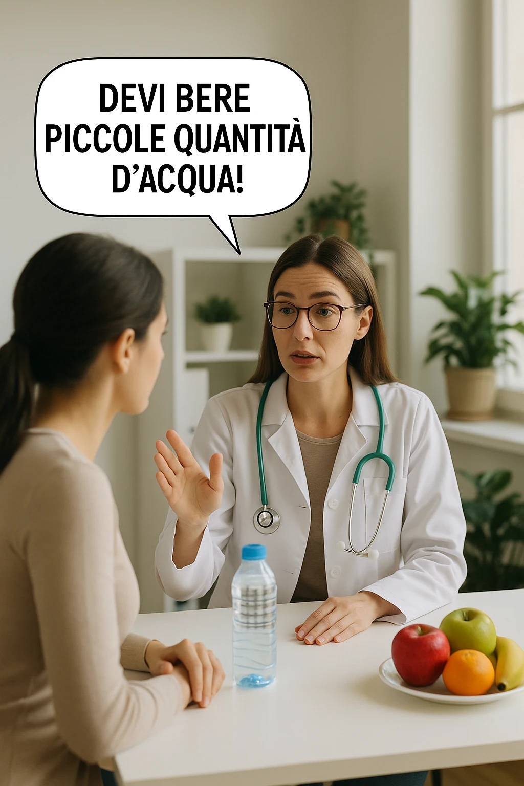 Nutrizionista dice ad una donna "devi bere piccole quantità d'acqua!" in italiano emoji