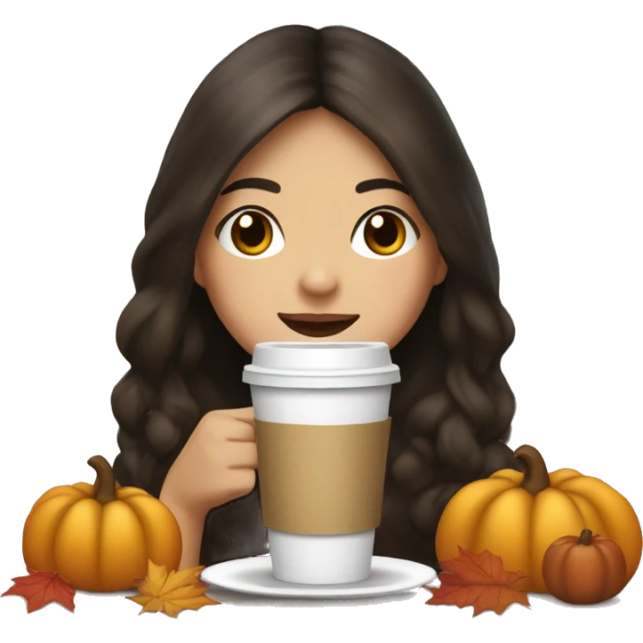 Asian brunette long hair girl with freckles having coffee decked out with thanksgiving drcorations emoji