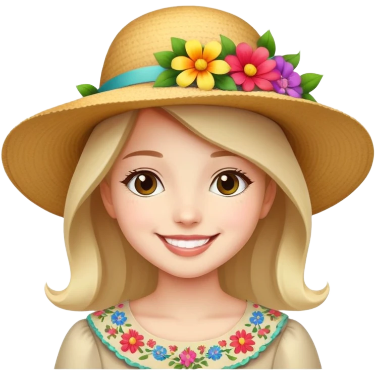 girl with a fancy wide-brimmed hat with flowers, happy face emoji