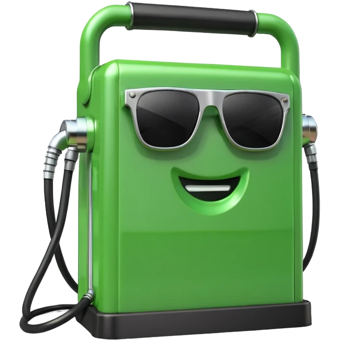A 3D render of a green rectangular fuel pump as an inanimate object, with black sunglasses placed on its upper front panel. No face, no eyes, no character features, no anthropomorphism. Industrial product style. Clean lighting. Isolated on transparent background. emoji