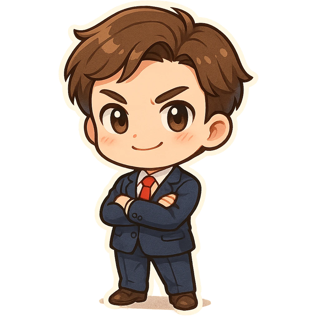 mini manager character, business attire, confident, chibi proportions, cute, simple background, vibrant colors, manga-inspired style emoji