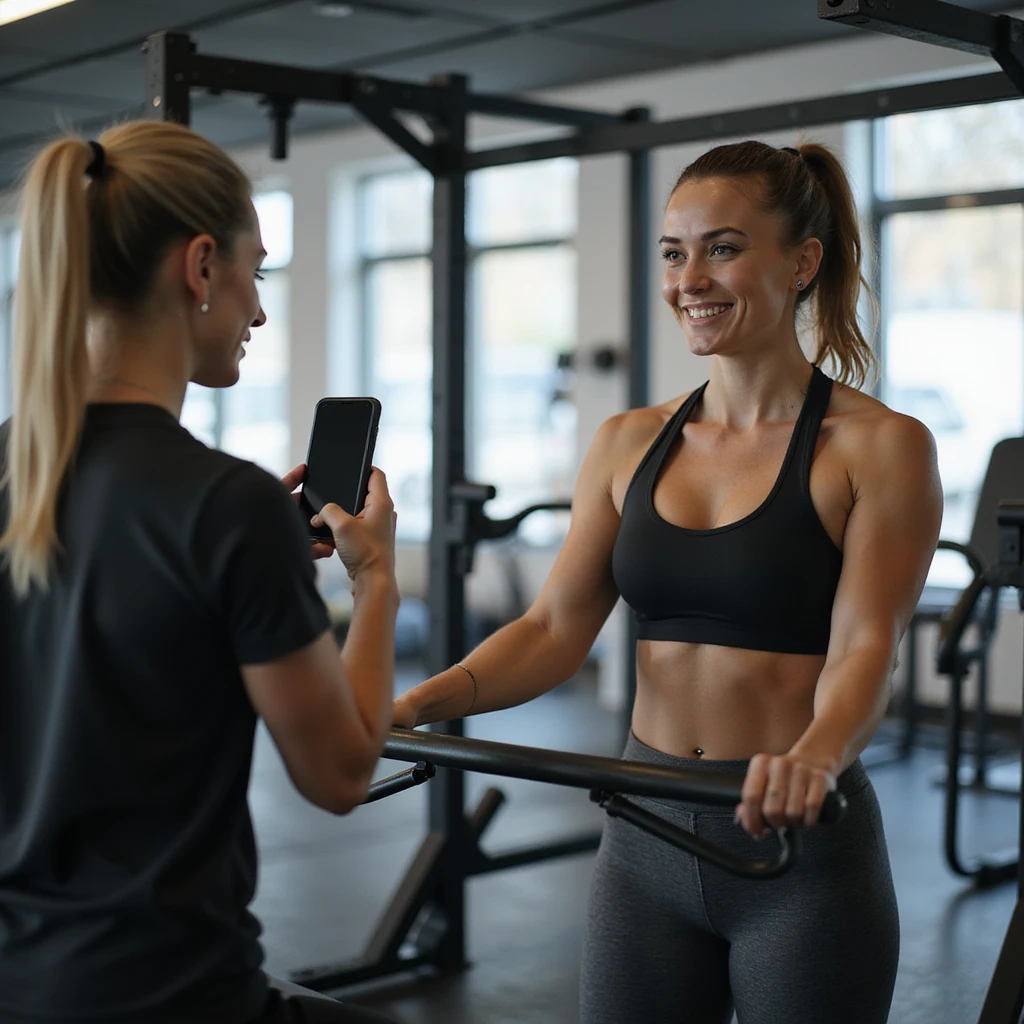 young woman in fitness clothing in gym, recording video check for coach with smartphone while doing lat machine exercise, neat and bright gym environment, hyperrealistic details, 4K emoji