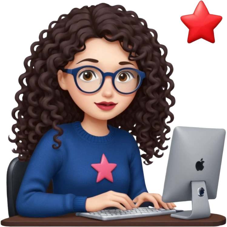 a white young woman with very long curly dark brown/chocolate hair typing in a computer. she's using round glasses, her lips are light red and her cheeks slightly pink. Her eyes are dark brown. She's using a dark blue knit sweater that has a tiny star in the middle   emoji