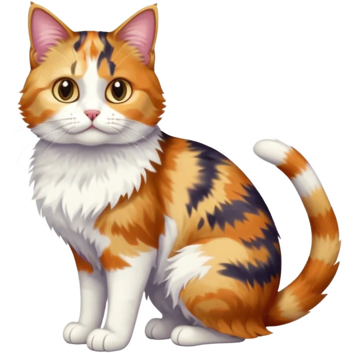 full body anxious looking colourful calico tabby cat with disproportioned head to body with fully white front legs emoji