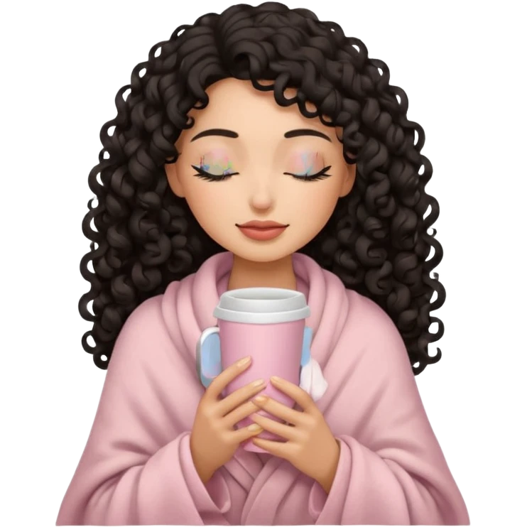 hispanic woman, black long 3b curls, closed eyes, feminine face, holding soft pink coffee cup with beige blanket over shoulders emoji
