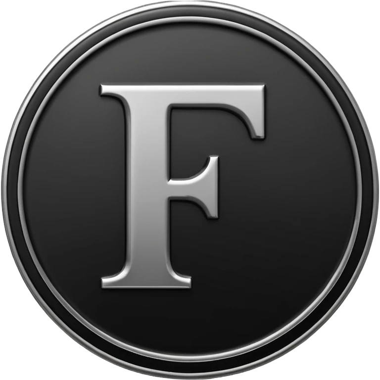 Emoji icon of a black coin with engraved letter F, minimalist style, isolated, no color emoji