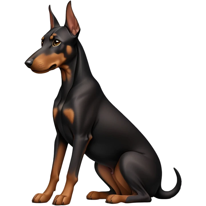 cinematic-[doberman]-realistic-full-body-sitting-emoji,-tail-resting-loosely-beside-its-paws,-head-tilted-dramatically, dooped ears -sleek-[black and tan]-fur,-simplified-yet-realistic-focused-features,-highly-detailed,-glowing-with-an-almost-sarcastic-glow emoji