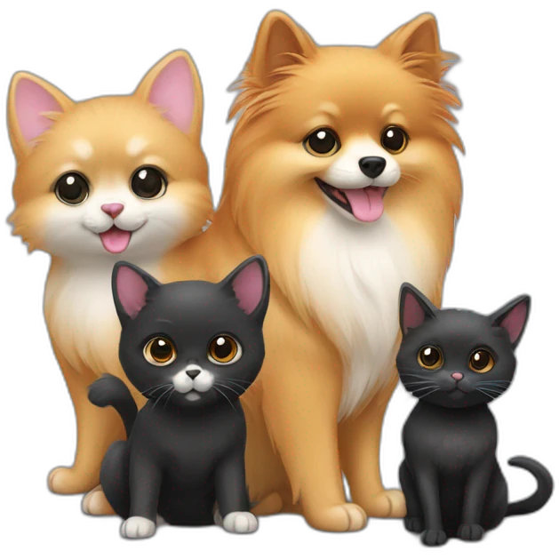 a pomeranian, a black cat and a gray mouse hold hands emoji