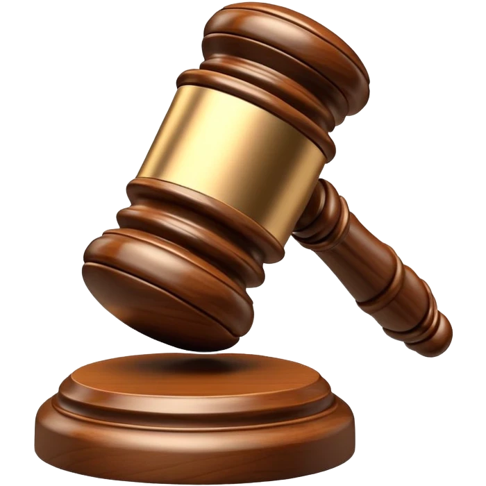 An emoji representing justice and penalty. A wooden judge's gavel striking a sound block, symbolizing a legal decision or punishment. The design is simple, 3D, and slightly glossy, resembling official court decisions emoji