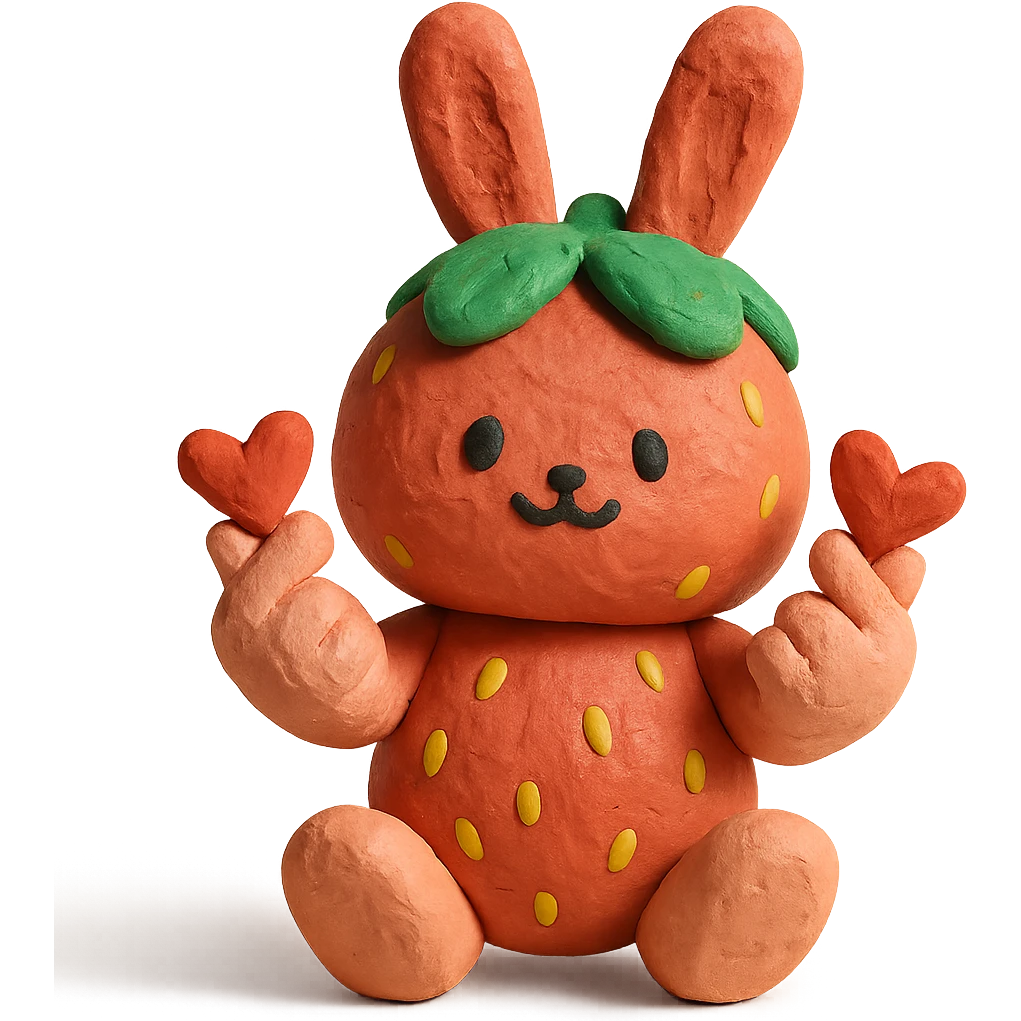 strawberry bunny making finger hearts, claymation style emoji