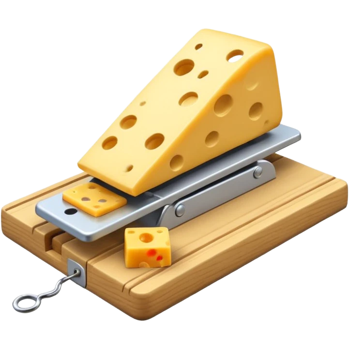 A 3D emoji in iOS emoji aesthetic style of a small mousetrap on a wooden base with a tiny gray mouse approaching a small piece of yellow cheese on it, minimal white background, bright lighting, clean and glossy Apple-style design emoji