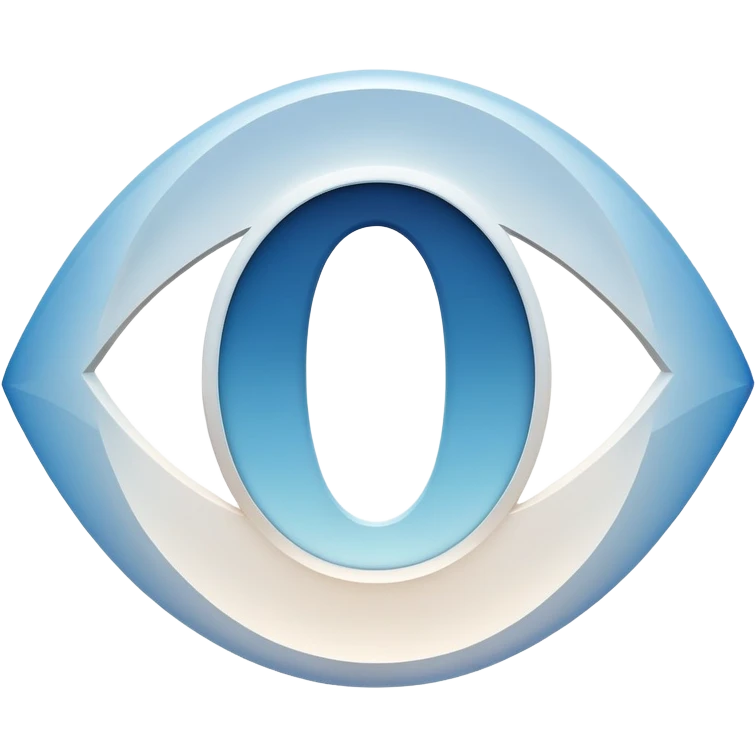 stylized white capital letter O in almond-shaped gradient oval eye with silver curved accents on each side, over circular blue background, symbol of vision and focus emoji