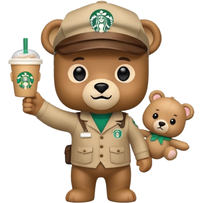 A Funko pop-style bear starbucks worker pointing to the left and holding a plushie with a visor on its head CARTOONISH AND CUTE.  emoji