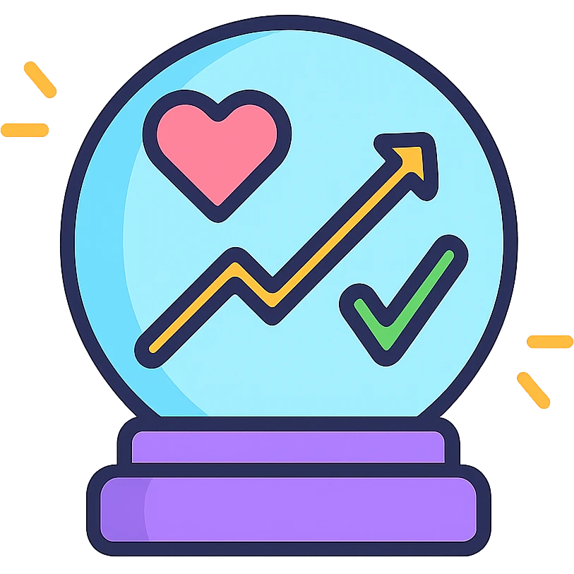 Add an upward slope or rising line graph inside the crystal ball to symbolize improvement and positive healthcare outcomes. Keep the modern icon style, maintaining heart and checkmark, with subtle color highlights. emoji