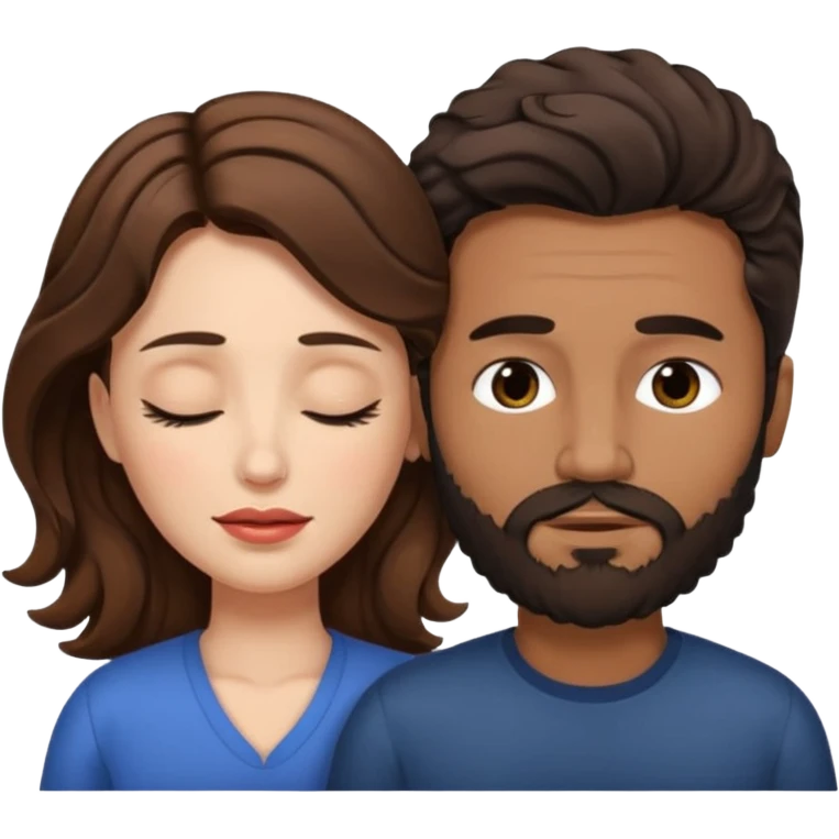 White woman (brown hair with eyes closed) and brown man with black wavy hair (has a a beard with his eyes closed too). The woman has her lips on the forehead of the man. emoji