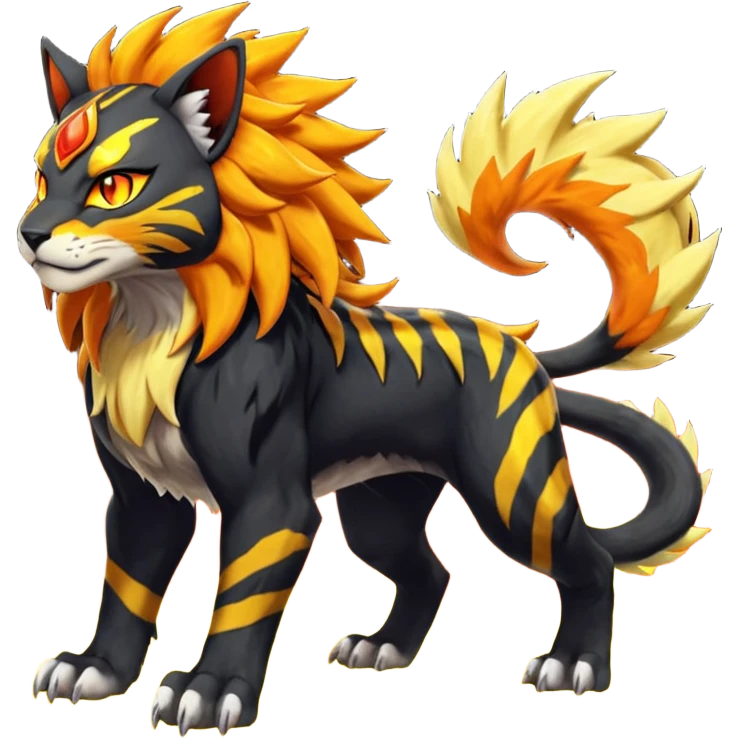Volcanic Fiery Shiny Legendary Epic Badass Evil Colorful exotic dark-colored, vibrant, golden, burning, badass, cool, realistic Pyroar-Sprigatito-Torracat-Luxray-Tigress-Solgaleo-Liger-Hybrid-Fakémon-Pokémon-Hybrid-Creature (full body) emoji