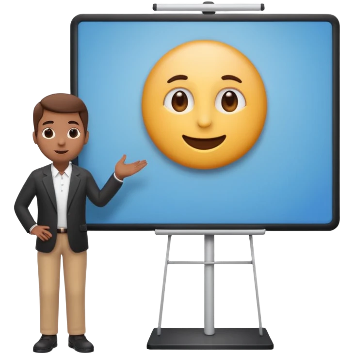A clean emoji-style illustration of a person giving a presentation, standing next to a large presentation board on a stand, the board is oversized and clearly visible, no podium, no desk, no table, friendly proportions, soft 3D emoji style emoji