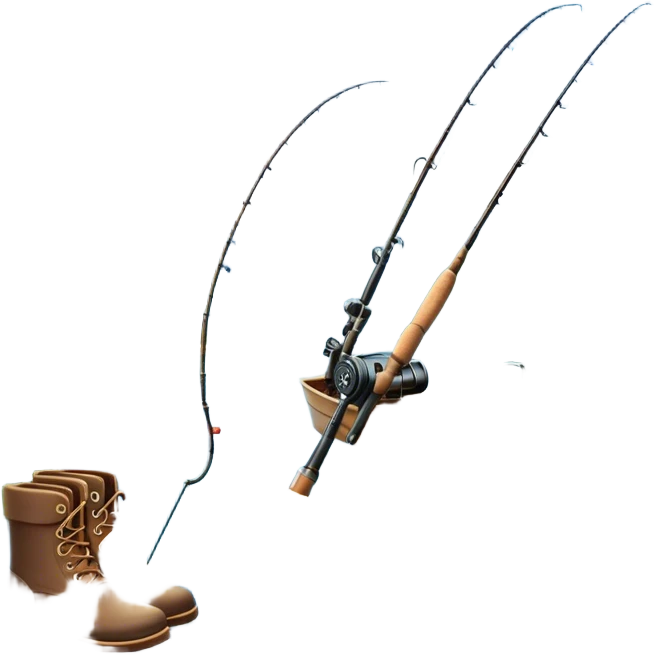 Icon for Fishing Travel: a fishing rod, tackle box, boots, and a boat on a calm lake surrounded by mountains and lush greenery, with fish jumping out of the water. The icon should capture the peaceful and adventurous nature of fishing trips. Transparent background. emoji