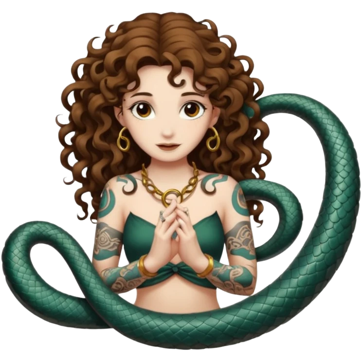 full body woman long curly brown hair brown eyes white skin tattoos ouroboros serpent ring floating behind her like halo emoji