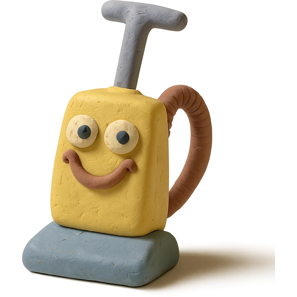 close-up of a playful upright vacuum with an expressive face in claymation style, pastel colors, detailed clay texture emoji