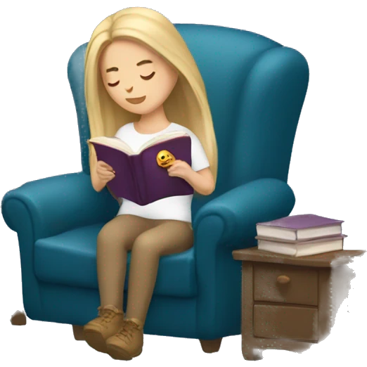 long hair white girl reading a book in cozy chair  emoji