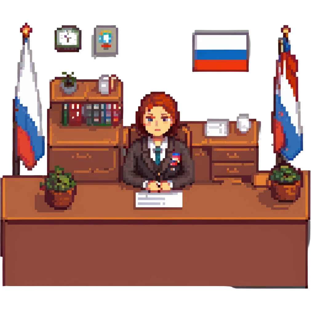 Russian Ministry of Finance employee dealing with sanctions, detailed, professional attire, serious expression, office setting, Russian flag elements subtly included, yellow color scheme emoji
