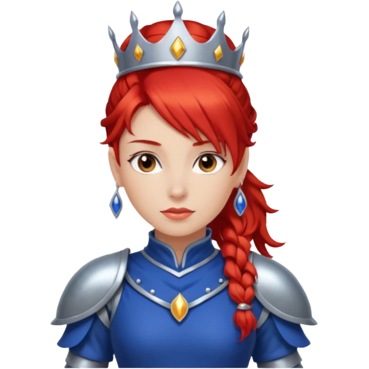 Red Haired Princess, Warrior Princess – fiery red ponytail, silver armor over royal dress, confident stance, silver crown emoji