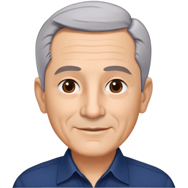 Respected Puerto Rican actor in his 60s, fair skin, round face with broad cheekbones, lively brown eyes, thick eyebrows, straight nose, short gray hair combed to the side with receding hairline, clean-shaven, friendly smile, wearing navy blue button-up shirt emoji