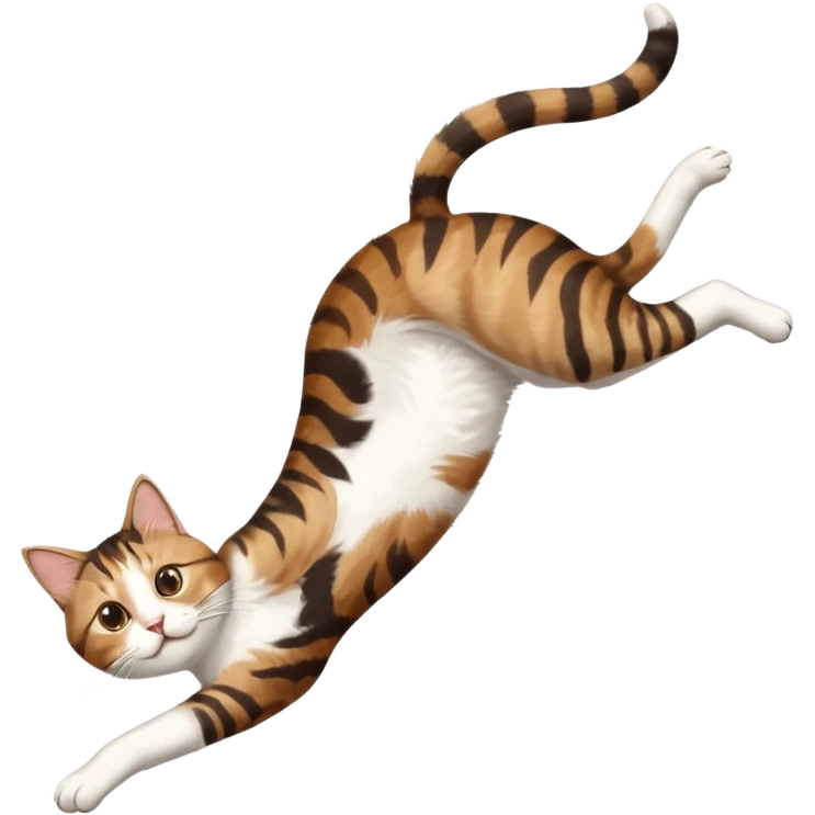 brown tabby and white cat with doing a big extremely long stretch reaching up into the air with arms and legs side by side together straight and overextended whilst lying on its side emoji