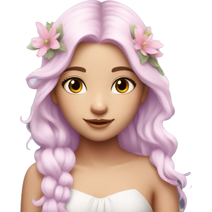 Beautiful, flower fairy, white long, light pink hair, big wings, fair skin, light violet eyes  emoji