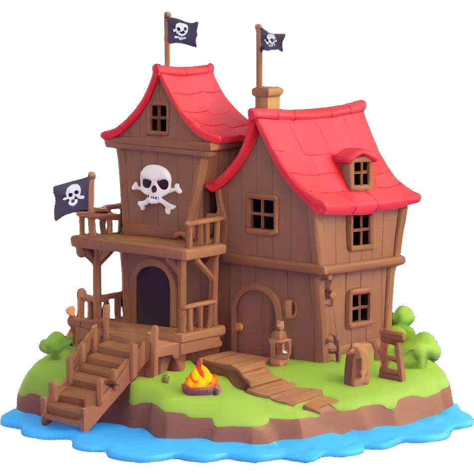 old pirate's house with skull flag emoji