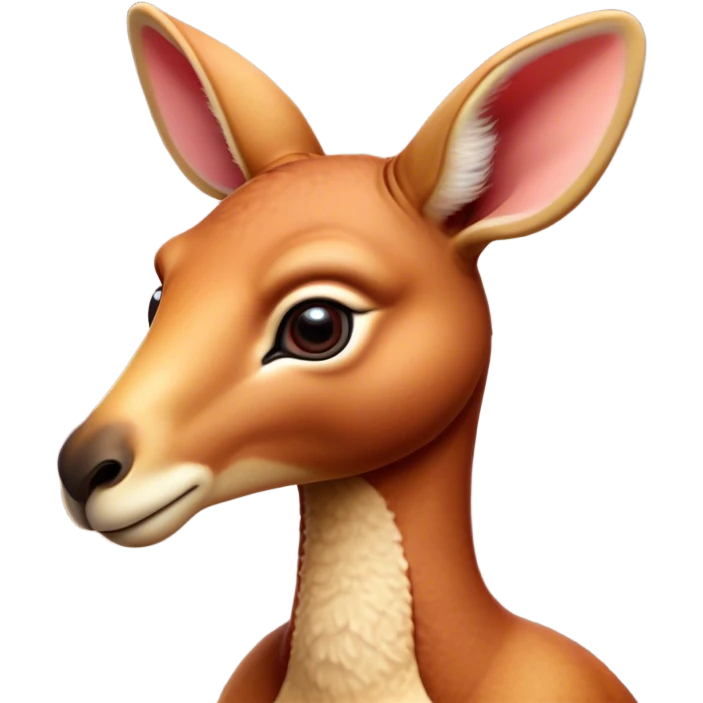 Cinematic Cute Adult Red Kangaroo Portrait Emoji, Head tilted playfully and inquisitively, showcasing a charming, robust build with soft reddish fur and a uniquely camel-like head featuring a gentle, elongated snout and rounded ears, with large, sparkling eyes full of wonder, Simplified yet irresistibly adorable features, highly detailed, glowing with a warm, friendly glow, high shine, affectionate and lively, stylized with a touch of outback whimsy, soft glowing outline, capturing the essence of a mischievous yet loving kangaroo that seems as if it could hop out of the screen into your arms! emoji