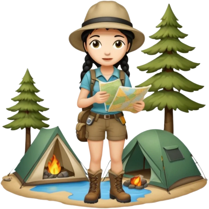 A braid black hair backpacking woman checking her map with curious eyes while walking wear camping hat and dirt covered boots full body emoji
