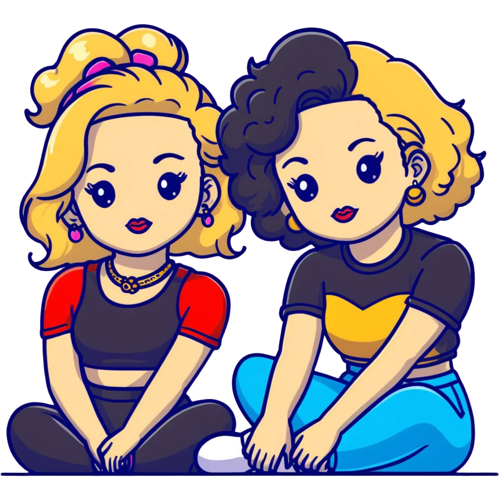 Full body of two teenage girls sitting together, one white with straight blonde hair and one brown-skinned with curly black hair, both with heavy makeup, big lips, crop tops, gold jewelry and flashy choni style outfits emoji