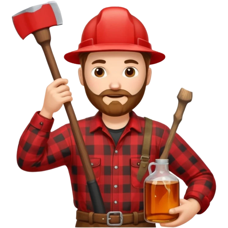 I want a Canadian lumberjack wearing a red and black plaid shirt drinking maple syrup out of the maple syrup bottle and holding a axe in the other emoji