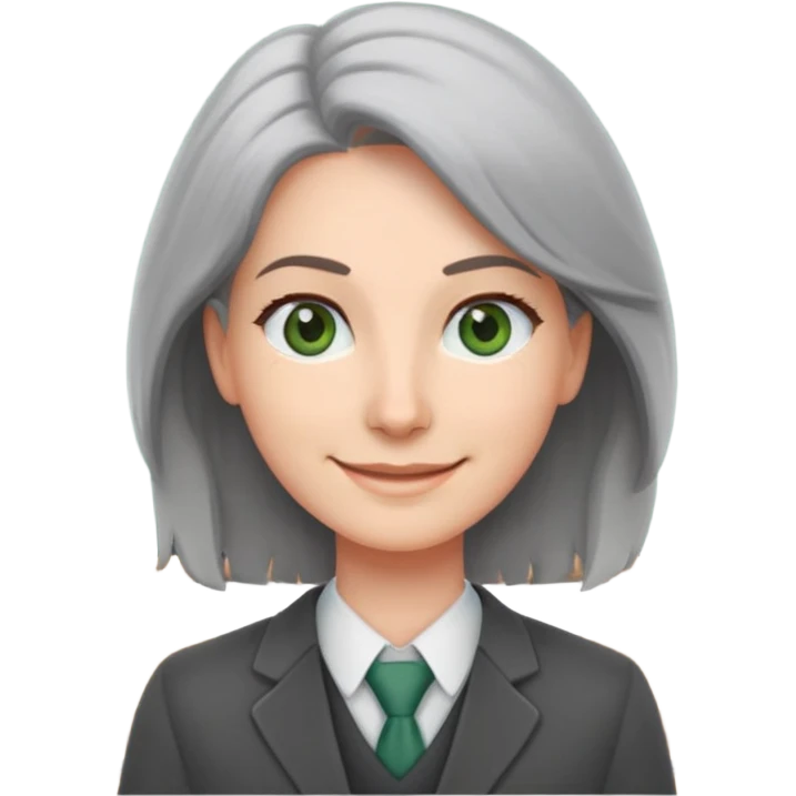 smiling English teacher with airtouch hair and grey-green eyes standing in front of a classroom with chalkboard emoji