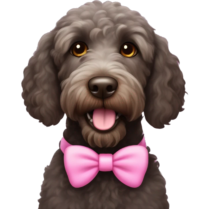 Black labradoodle female dog brown eyes with pink bows on her ears and pink collar on with the name Bonnie emoji