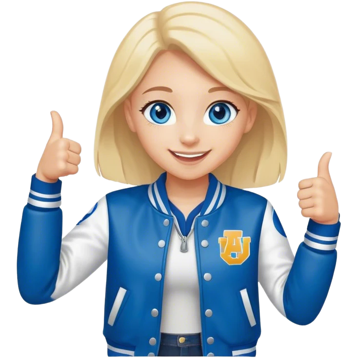 smiling girl in letterman jacket Blue eyes thumb up, Name is Tini, two Little daughters emoji