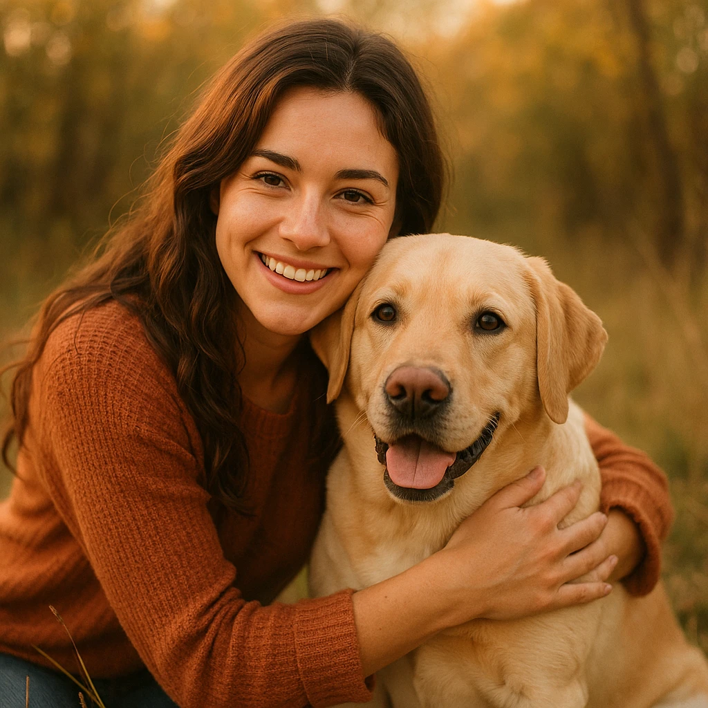 brunette girl with a yellow labrador dog, friendly and warm scene, natural outdoor setting, soft lighting, warm colors emoji