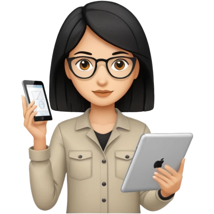 female UX designer with black hair holding a digital tablet and wireframes emoji