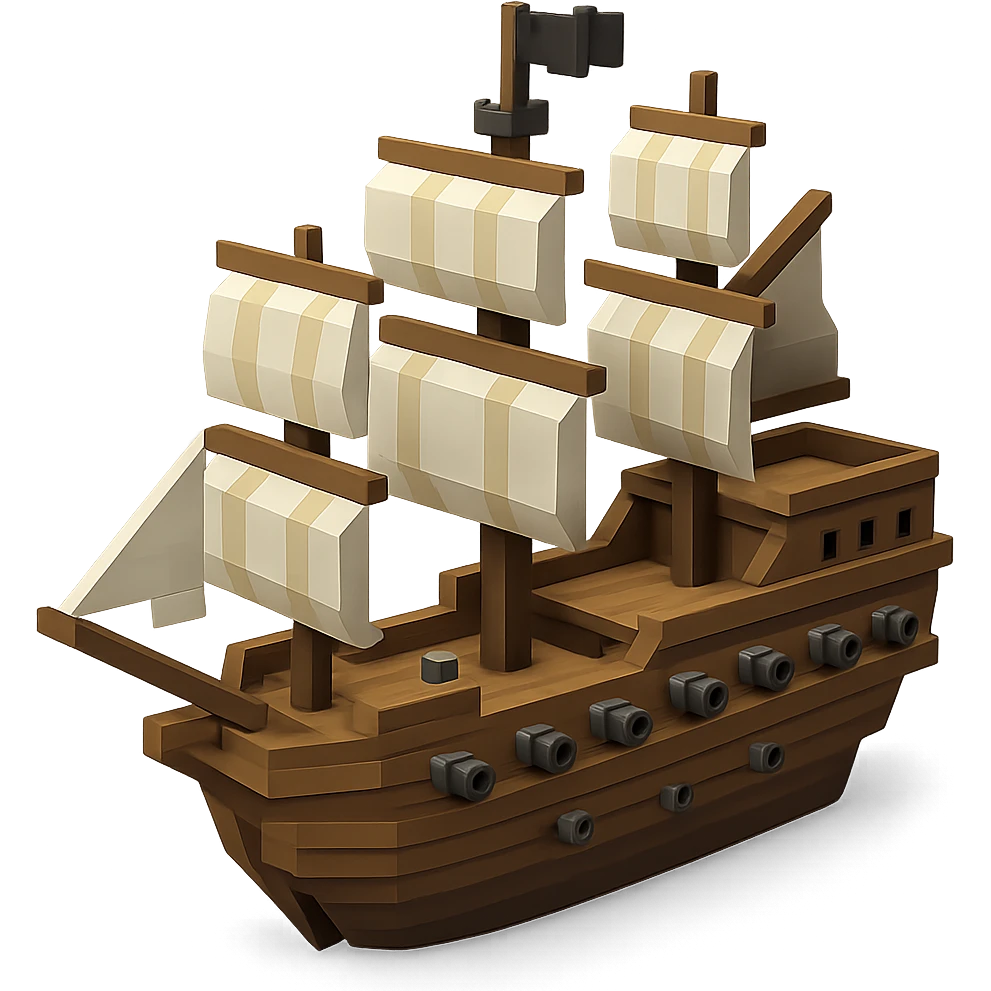 A detailed pirate galleon with multiple sails and cannons, clean geometric 3D style emoji