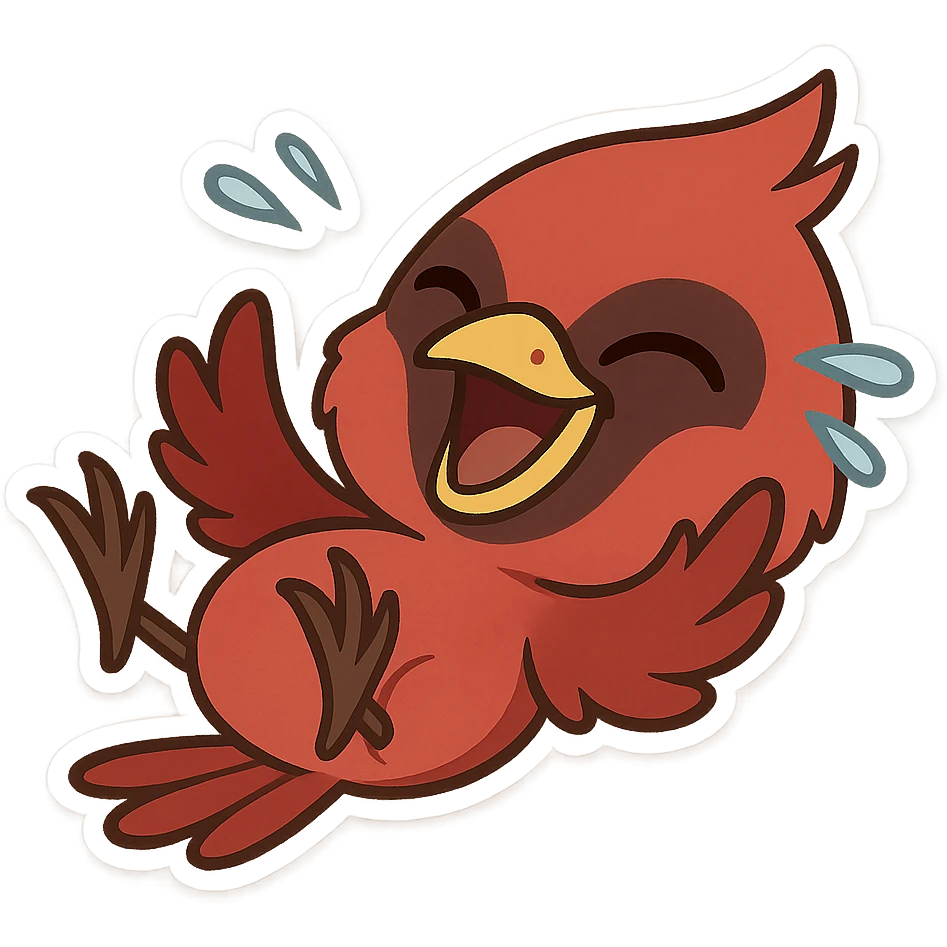 Chibi male red cardinal rolling on his back laughing uncontrollably, wings in the air, eyes squeezed shut, tears flying emoji