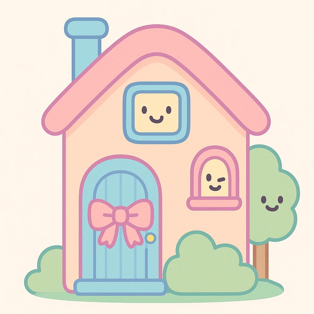 a pastel house, pink bow on the door, soft and dreamy, gentle hues emoji