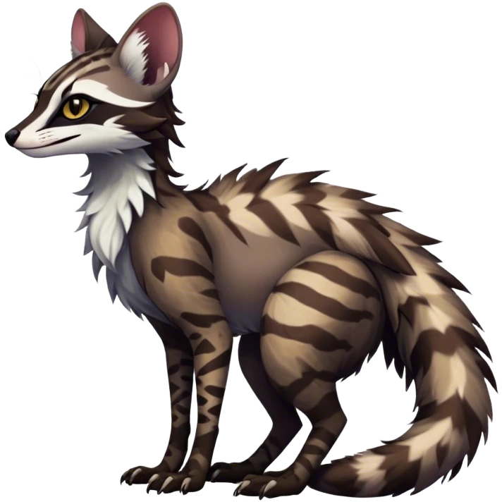 Feral Rare Fantasy dark tropical Vernid-Sergal-Genet-Trico-species by LiLaiRa, random markings, tufted tail, tufted ears, full body emoji