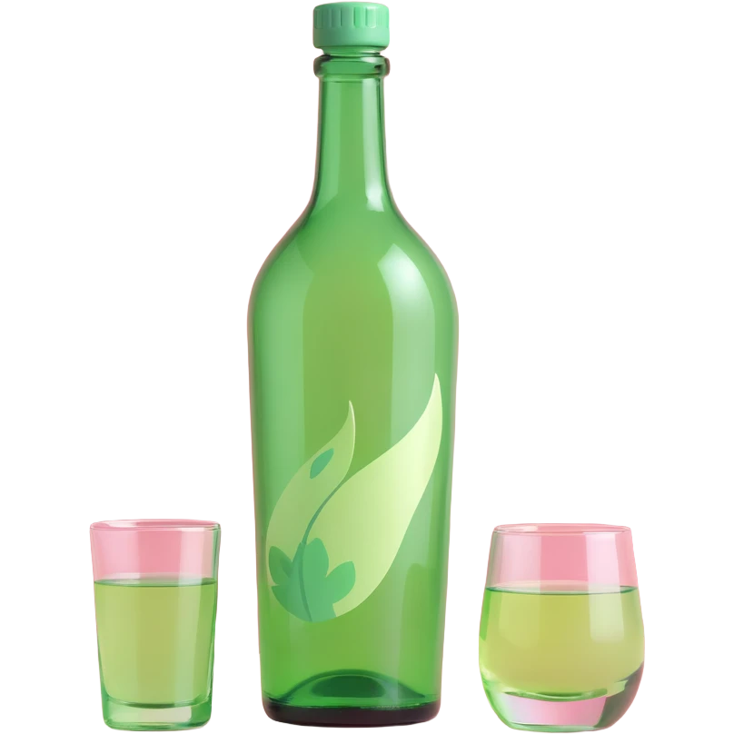 apple style 3D emoji of a green soju bottle and a small glass, soft highlights, cute proportions emoji