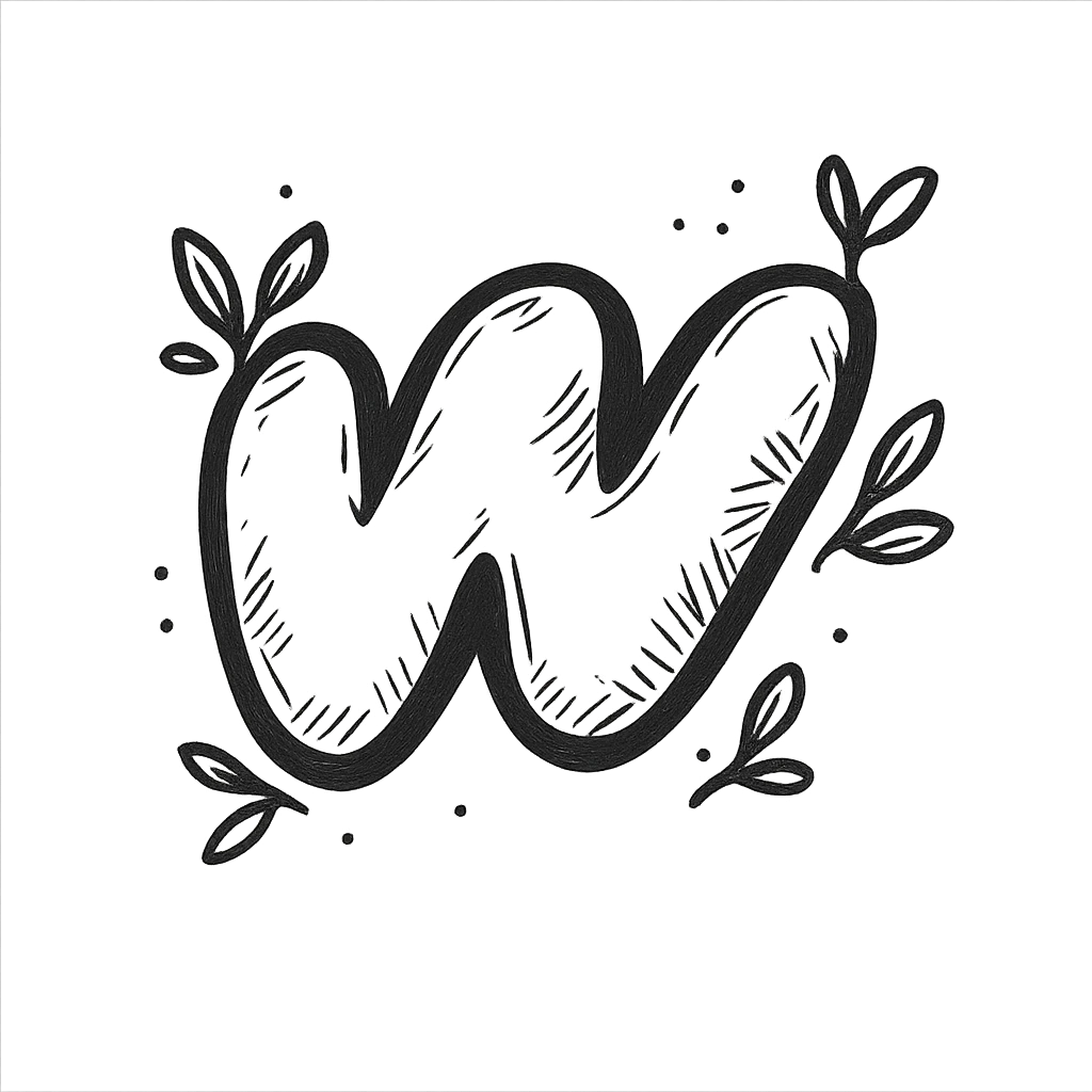 plump hand-drawn Wattpad logo 'w' shape with bold outline, expressive shadows and highlights, decorated with small leaves around the logo, no background emoji