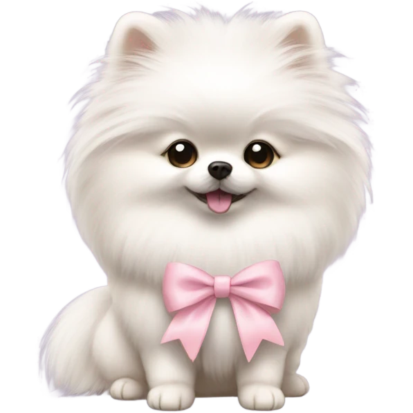 A white small Pomeranian with a cute little light pink bow on her hair emoji