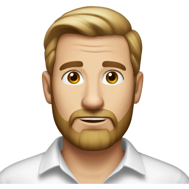 middle aged english man, short slicked back hair dark blonde, dark blonde medium length size full beard, wearing only a plain white smart shirt unbuttoned. emoji